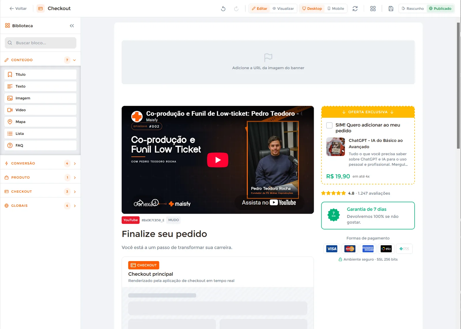 Editor de checkout da Maisfy com biblioteca de blocos, VSL do YouTube, order bump e selo de garantia