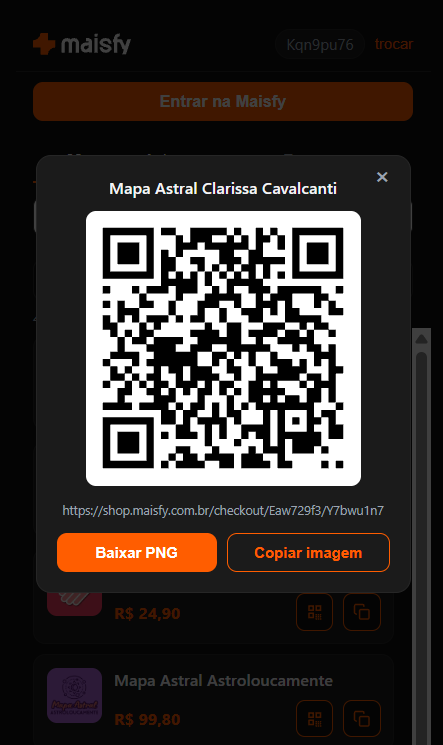 Modal da extensão Maisfy exibindo o QR Code do checkout com opção de baixar PNG