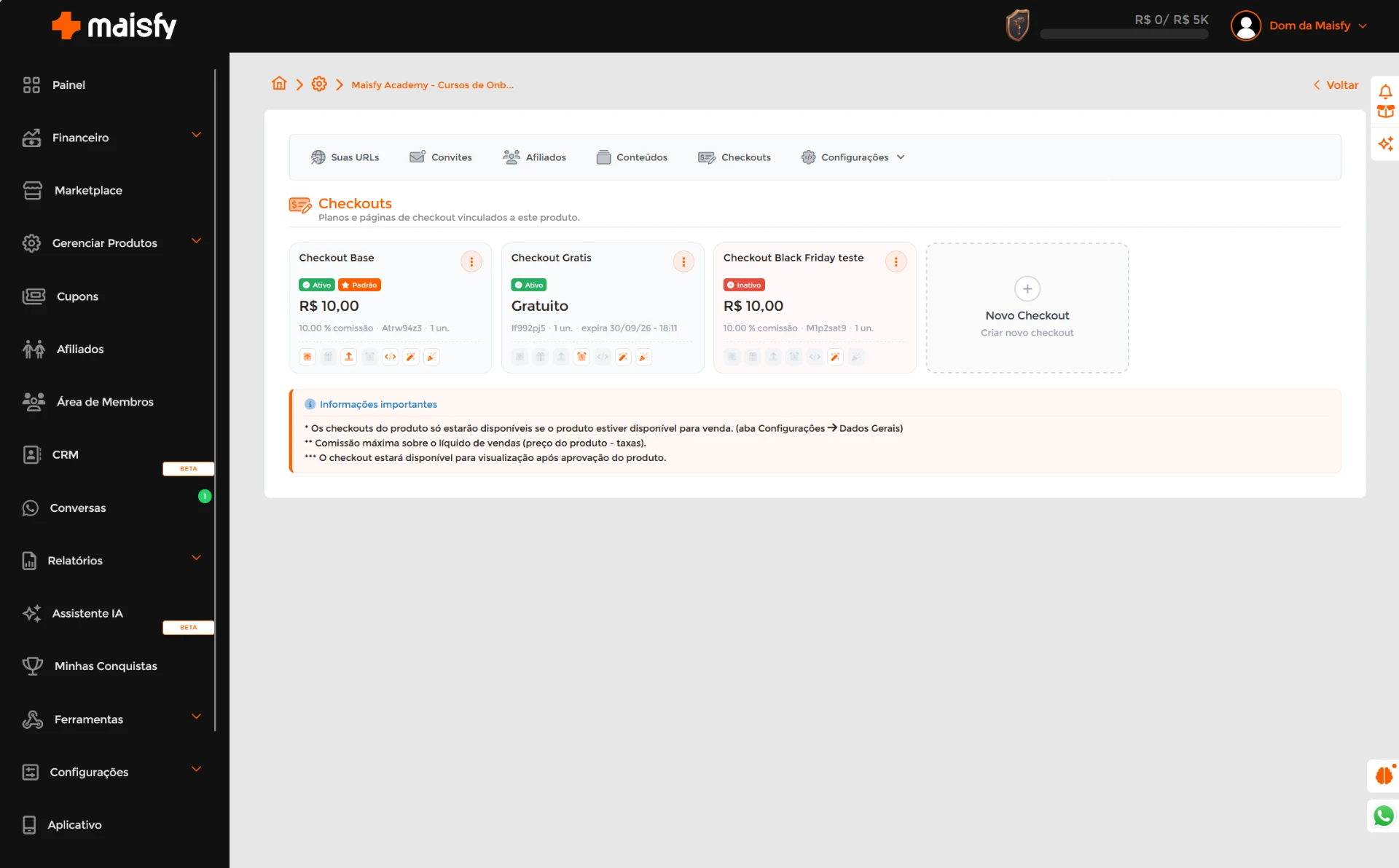 Lista de checkouts de um produto na Maisfy, com um checkout gratuito ativo ao lado dos pagos